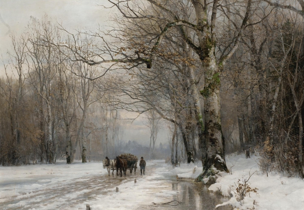 A Winter Landscape with a Horse-Drawn Cart. The painting by Anders Andersen-Lundby