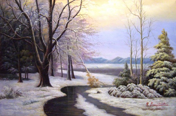 A Wooded Winter Landscape With A Stream And A Lake Beyond. The painting by Anders Andersen-Lundby