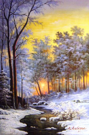 Reproduction oil paintings - Anders Andersen-Lundby - Twilight Wooded River In The Snow