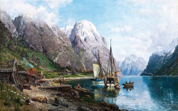 Harbor in the Sognefjord. The painting by Anders Askevold