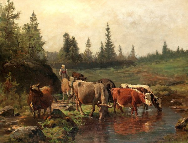 Landscape with Cows at the River. The painting by Anders Askevold