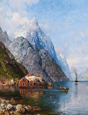 Anders Askevold, Steamboat Arrives in Sognefjord, Painting on canvas