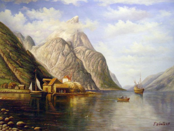 Village On A Fjord. The painting by Anders Askevold