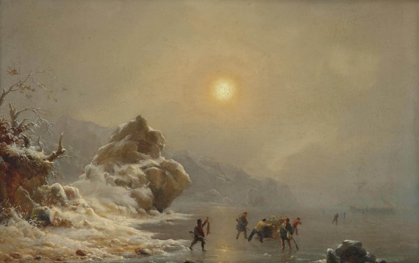 A Winter Landscape with Hunters on the Ice. The painting by Andreas Achenbach