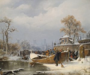 Andreas Achenbach, Boat at Dock in Winter, Painting on canvas