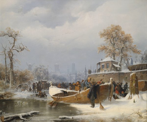 Boat at Dock in Winter. The painting by Andreas Achenbach