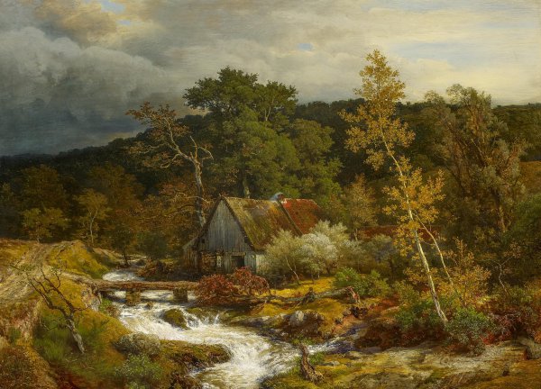 Dusseldorf Hessian Watermill. The painting by Andreas Achenbach