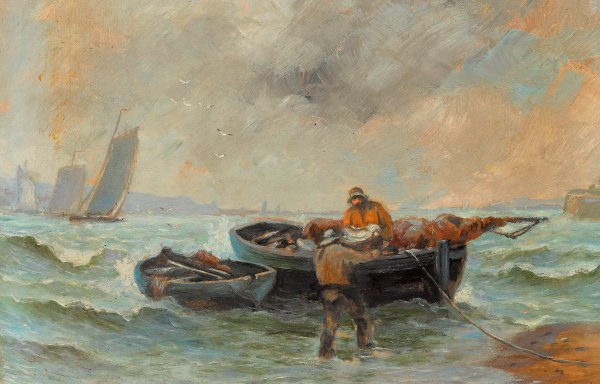 Fishing Boat on the Beach. The painting by Andreas Achenbach