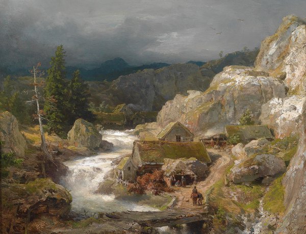 Mill on the Mountain Stream. The painting by Andreas Achenbach