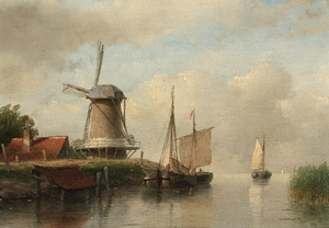 Famous paintings of Ships: Dutch Boats Moored on a River Beside a Windmill