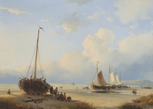 Andreas Schelfhout, Fisherfolks with Beached Vessels, Painting on canvas