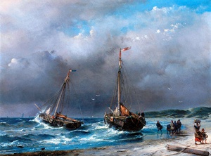 Andreas Schelfhout, Unloading the Catch, Painting on canvas