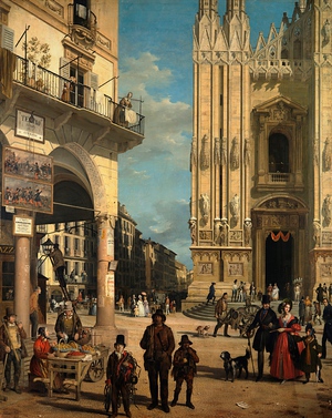 Angelo Inganni, View of the Duomo Square with the Coperto dei Figini, Painting on canvas