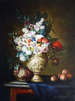Anne Vallayer-Coster, Bouquet of Flowers In A Terracotta Vase, With Peaches And Grapes, Painting on canvas