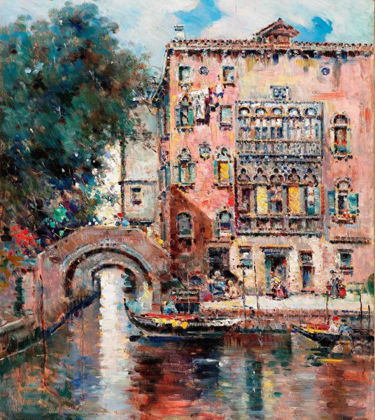 Gondolas in Venice. The painting by Anton Maria de Reyna-Manescau 