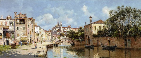 Venetian Canal, Venice. The painting by Anton Maria de Reyna-Manescau 