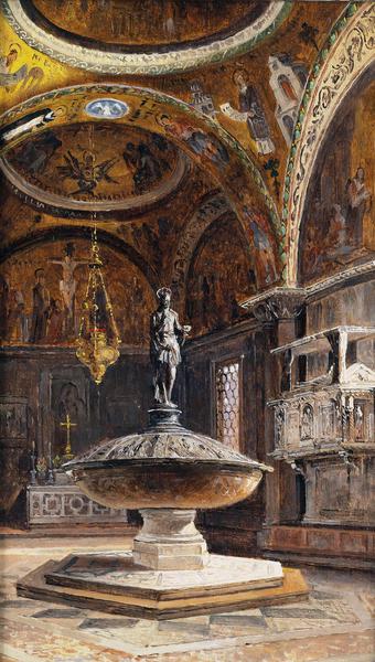 Baptismal Font at Saint Mark's Basilica. The painting by Antonietta Brandeis