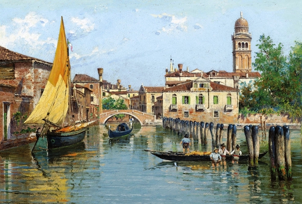 Gondolas on a Canal in Venice. The painting by Antonietta Brandeis