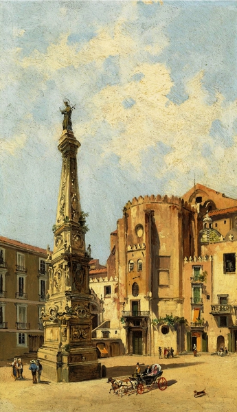 The Carriage on Piazza di San Domenico Maggiore, Naples. The painting by Antonietta Brandeis