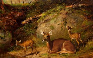 Arthur Fitzwilliam Tait, Doe and Two Fawns, Painting on canvas