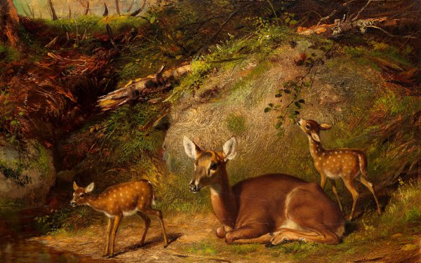 Doe and Two Fawns. The painting by Arthur Fitzwilliam Tait