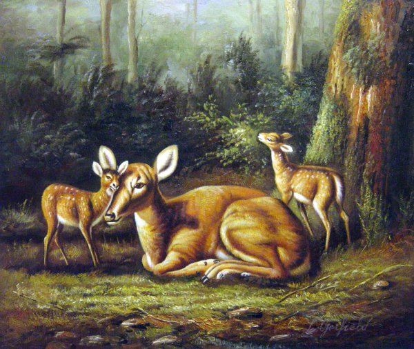 Summer Motherly Affection Between Deer. The painting by Arthur Fitzwilliam Tait