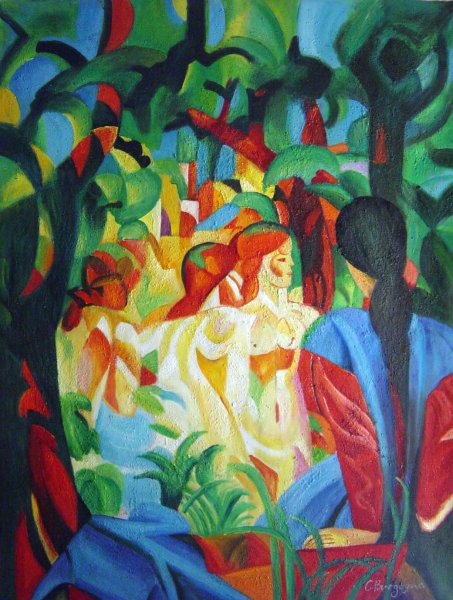 Girls Bathing With Town In Background. The painting by August Macke