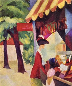 August Macke, In Front of the Hat Shop (Woman with Red Jacket and Child), Painting on canvas