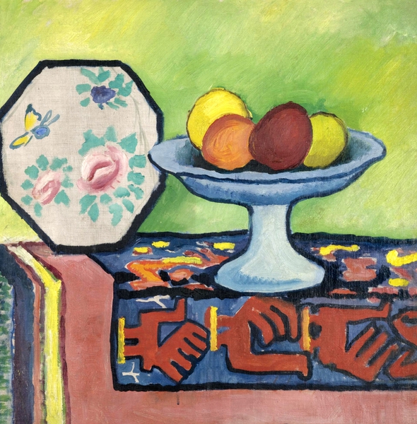 Still Life with Bowl of Apples and Japanese Fan. The painting by August Macke