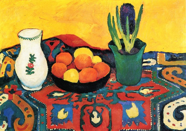 Still Life with Hyacinths and Carpet. The painting by August Macke