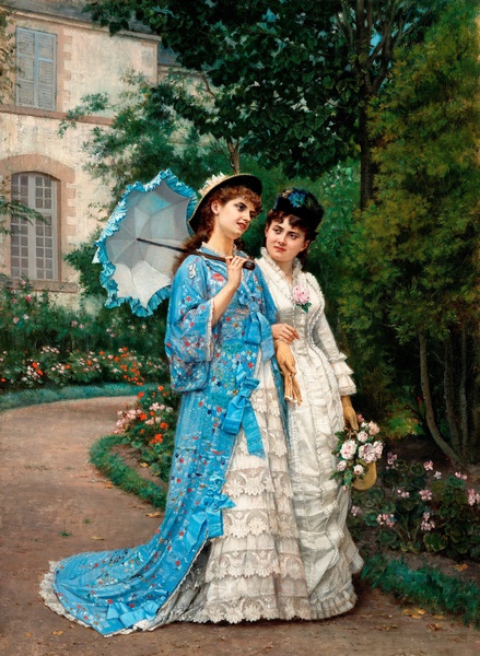 A Garden Stroll. The painting by Auguste Toulmouche