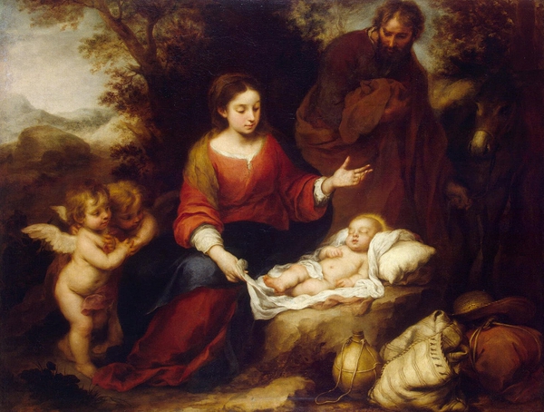 Rest on the Flight into Egypt. The painting by Bartolome Esteban Murillo