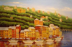 Our Originals, Beautiful European Harbor At Sunset, Painting on canvas