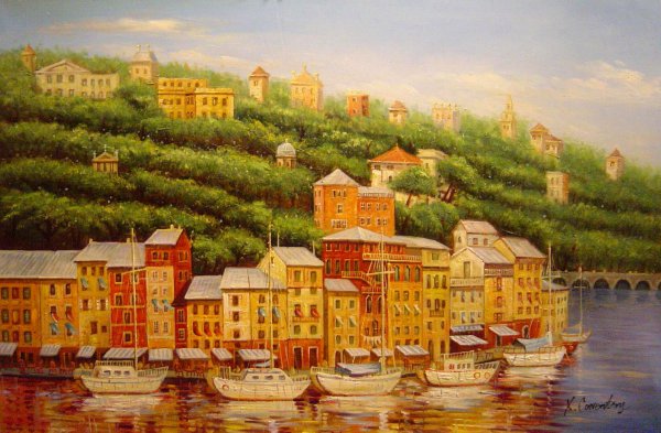 Beautiful European Harbor At Sunset. The painting by Our Originals
