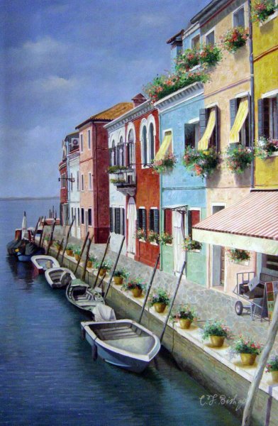 Boats Moored In Burano-Venice, Italy. The painting by Our Originals