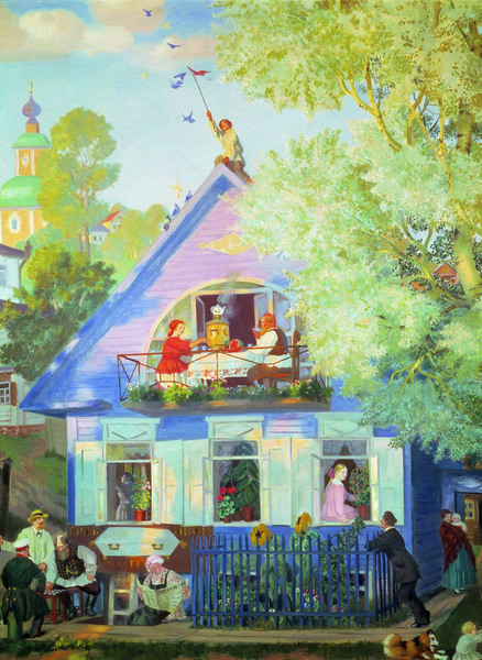 Blue House, 1920. The painting by Boris Mikhailovich Kustodiev