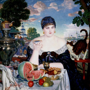 Reproduction oil paintings - Boris Mikhailovich Kustodiev - Merchant's Wife at Tea, 1918