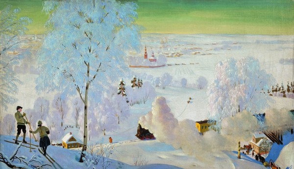 Skiers, 1919. The painting by Boris Mikhailovich Kustodiev