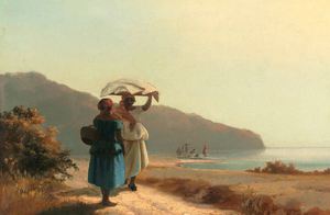 Two Women Chatting by the Sea, St. Thomas Art Reproduction