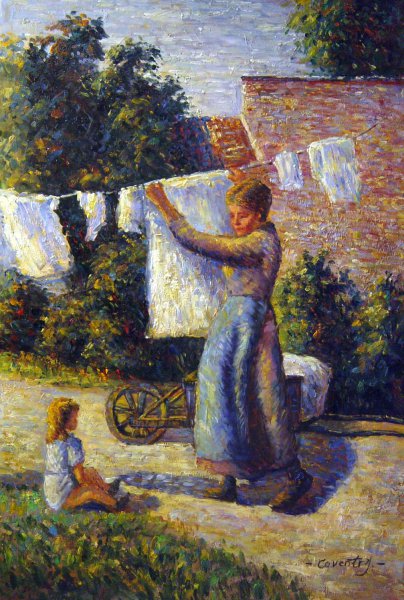 Woman Hanging Laundry. The painting by Camille Pissarro