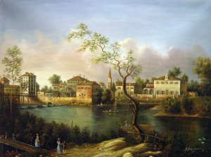 A View Of A River, Perhaps In Padua Art Reproduction