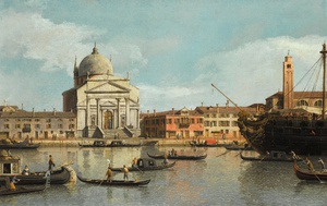 Reproduction oil paintings - Canaletto - Venice, a View of the Churches of the Redentore and San Giacomo with a Moored Man-of-War, Gondolas and Barges