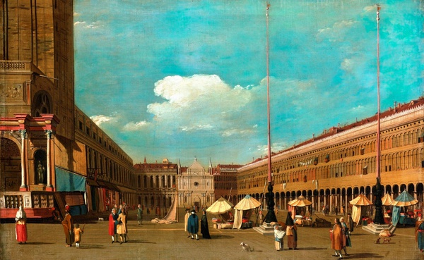 View of Piazza San Marco Venice, looking West from South of the Central Line. The painting by Canaletto
