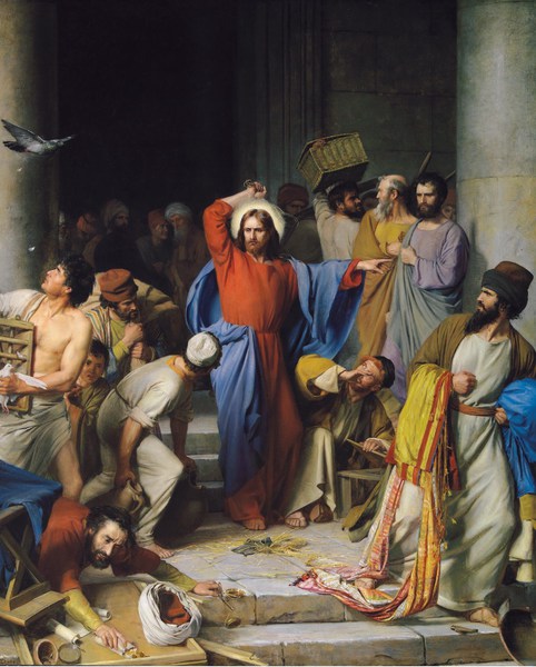Jesus Casting Out the Money Changers at the Temple (Christ Cleansing the Temple). The painting by Carl Heinrich Bloch
