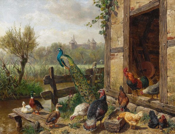 A Poultry Courtyard. The painting by Carl Jutz