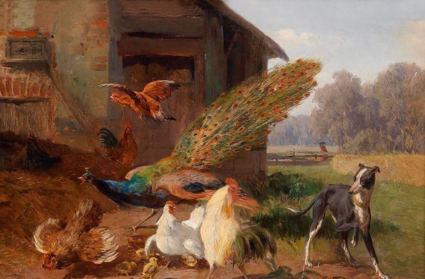 Dog in the Poultry Yard. The painting by Carl Jutz