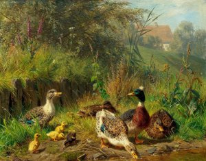 Carl Jutz, Ducks at a Pond, Painting on canvas