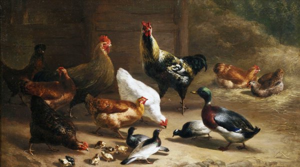 Poultry in the Stable. The painting by Carl Jutz