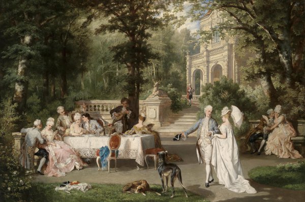 Galante Society in the Castle Park. The painting by Carl Schweninger, Jr.