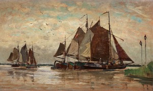Famous paintings of Ships: Dutch Beach Scene